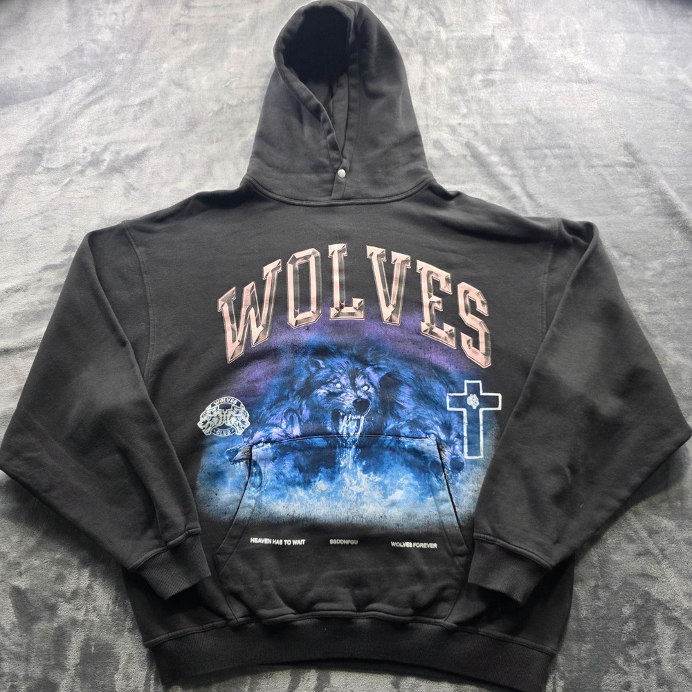 Darc Sport Wolves Club Hoodie Large Black Mens Oversized Cotton Graphic Gym Pump